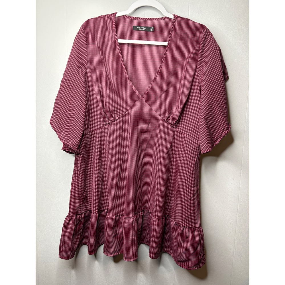 Nasty Gal Pink Gingham V-Neck Ruffle Hem Mini Dress Short Flutter Sleeve Size 8
